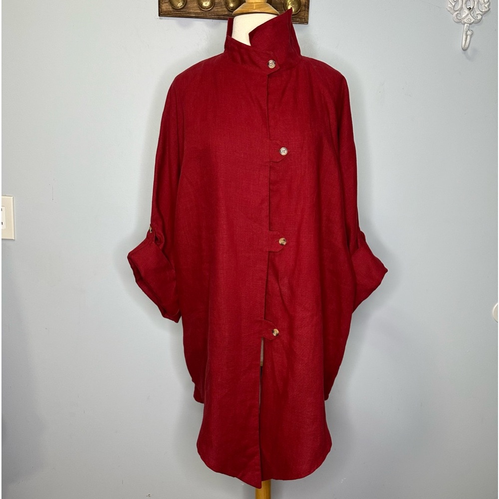 Neetu Malik Red 100% Linen Buttoned Asymmetrical Lagenlook Shirt Jacket O/S